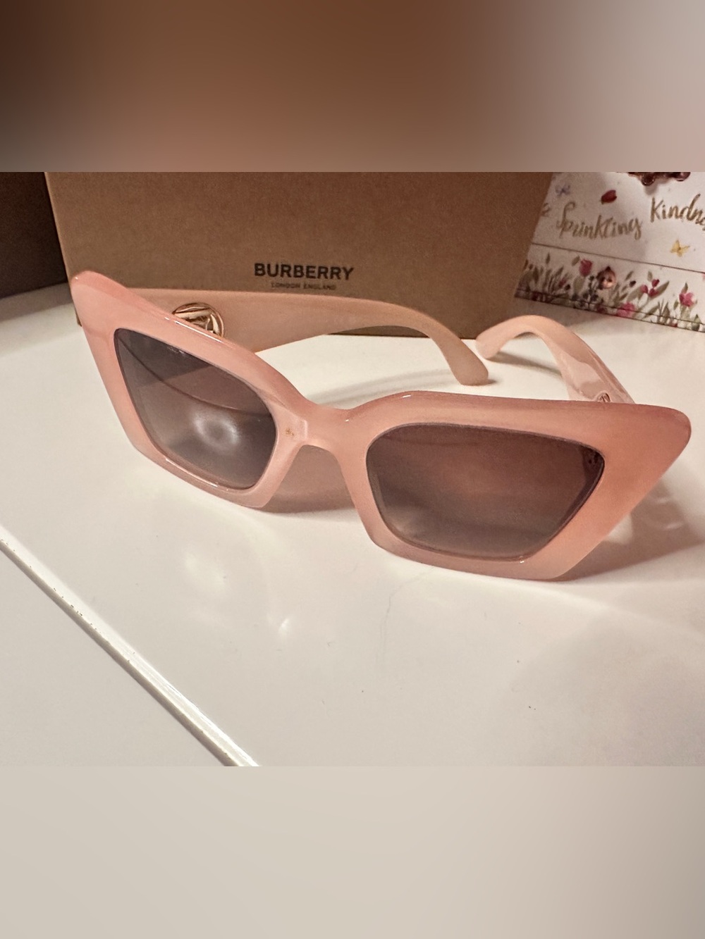 Burberry Pink Oversized Square Sunglasses Gold TB Logo NIB